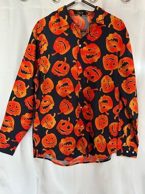 SSLR Orange & Black Pumpkin Print Button-Down Shirt